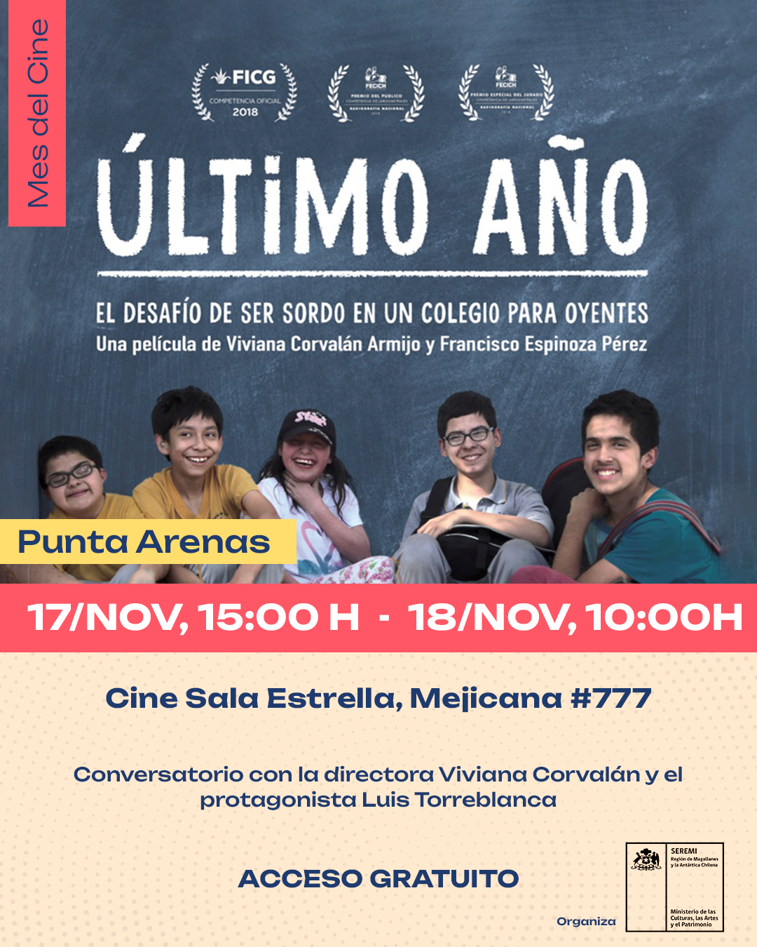 ¡Día del Cine Chileno en Magallanes! Películas gratis + charla de Daniela Vega